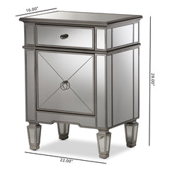 Mirrored Nightstand, 1 Drawer and 1 Door, MDF Frame, Silver