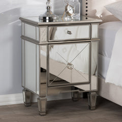 Mirrored Nightstand, 1 Drawer and 1 Door, MDF Frame, Silver