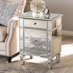 Mirrored Nightstand, 1 Drawer and 1 Door, MDF Frame, Silver
