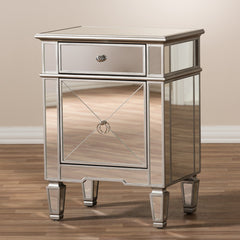 Mirrored Nightstand, 1 Drawer and 1 Door, MDF Frame, Silver