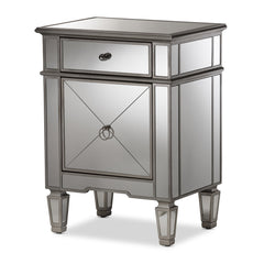 Mirrored Nightstand, 1 Drawer and 1 Door, MDF Frame, Silver