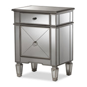 Mirrored Nightstand, 1 Drawer and 1 Door, MDF Frame, Silver