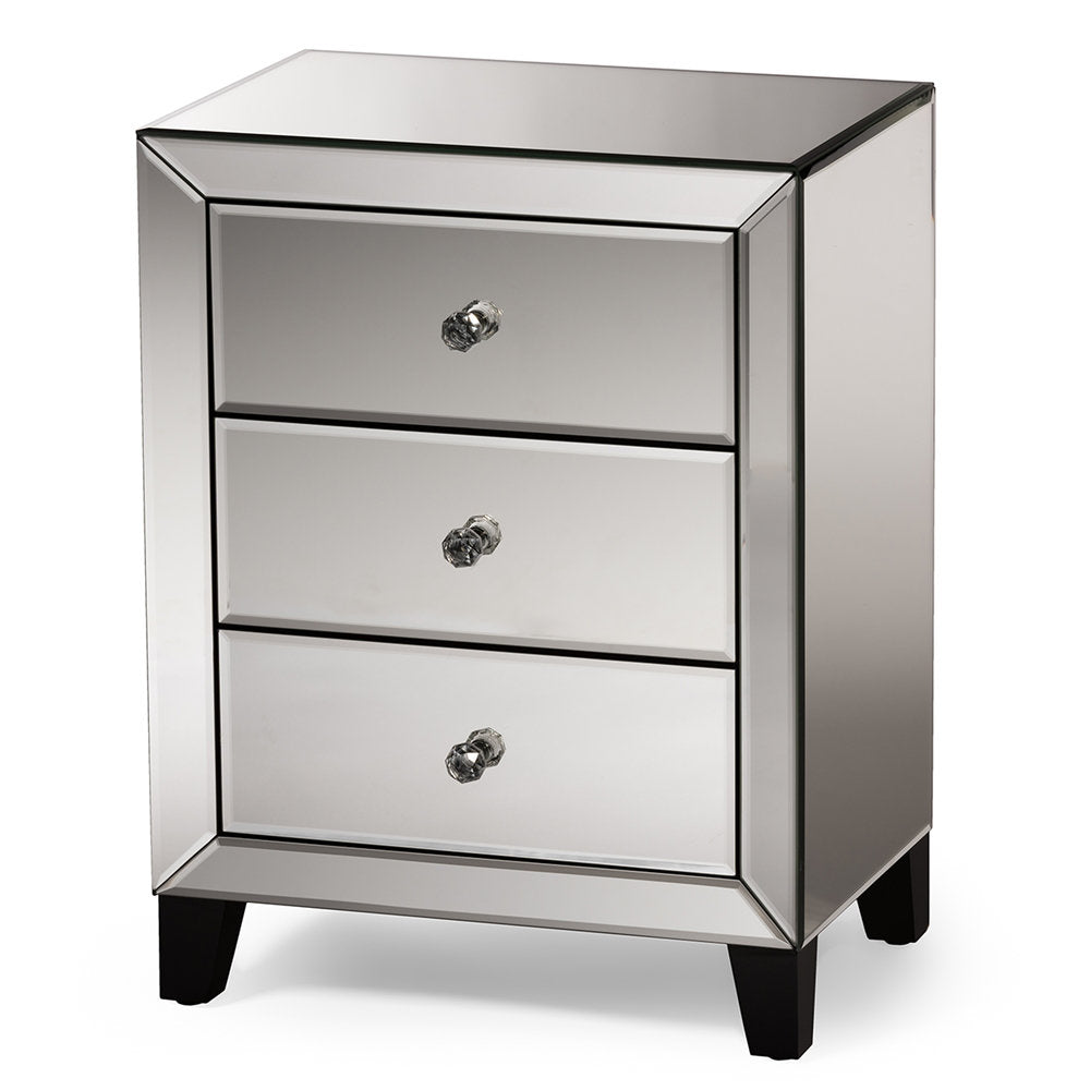 Mirrored Nightstand with 3 Soft Close Drawers in Gray