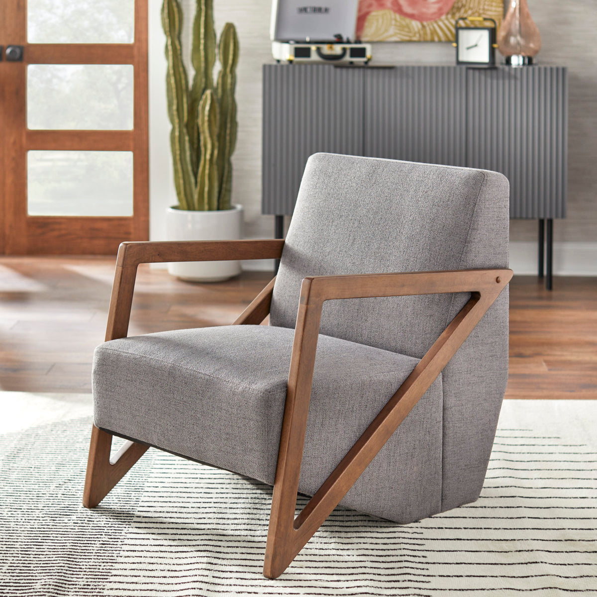 Modern Armchair, Solid Wood Frame in Walnut with Gray Polyester Upholstery