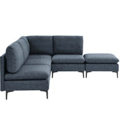 Modular L-Shaped Sectional Sofa, 5-Piece, Blue Linen Blend, Black Metal Legs