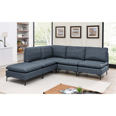 Modular L-Shaped Sectional Sofa, 5-Piece, Blue Linen Blend, Black Metal Legs