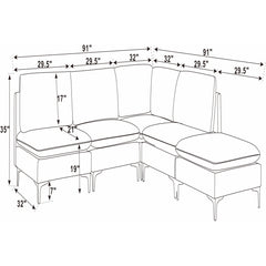 Modular L-Shaped Sectional Sofa, 5-Piece, Blue Linen Blend, Black Metal Legs