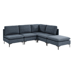 Modular L-Shaped Sectional Sofa, 5-Piece, Blue Linen Blend, Black Metal Legs