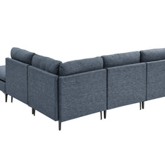 Modular L-Shaped Sectional Sofa, 5-Piece, Blue Linen Blend, Black Metal Legs