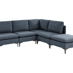 Modular L-Shaped Sectional Sofa, 5-Piece, Blue Linen Blend, Black Metal Legs