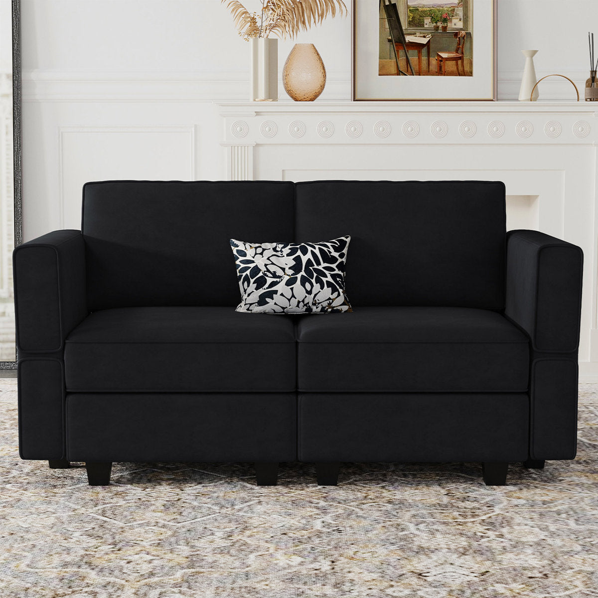 Modular Loveseat Sofa in Black Velvet with Solid Wood Frame
