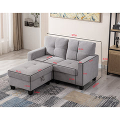 Modular Loveseat with Ottoman, Light Gray Polyester, Black Legs