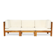 Modular Patio Sofa in Teak Acacia Wood with Beige Cushions