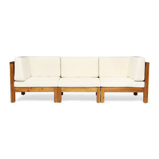 Modular Patio Sofa in Teak Acacia Wood with Beige Cushions