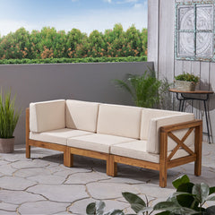 Modular Patio Sofa in Teak Acacia Wood with Beige Cushions