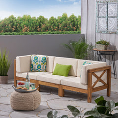 Modular Patio Sofa in Teak Acacia Wood with Beige Cushions