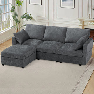 Modular Sectional Sofa, 3-Seat, Gray Chenille with Black Legs