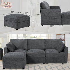 Modular Sectional Sofa, 3-Seat, Gray Chenille with Black Legs