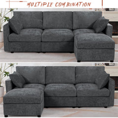 Modular Sectional Sofa, 3-Seat, Gray Chenille with Black Legs
