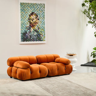 Modular Sofa, 2-Seater, Orange Velvet, Black Solid Wood Legs