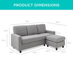 Modular Sofa with Reversible Ottoman, Light Gray Polyester, Seats 3