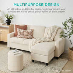 Modular Sofa with Reversible Ottoman, Light Gray Polyester, Seats 3
