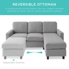 Modular Sofa with Reversible Ottoman, Light Gray Polyester, Seats 3