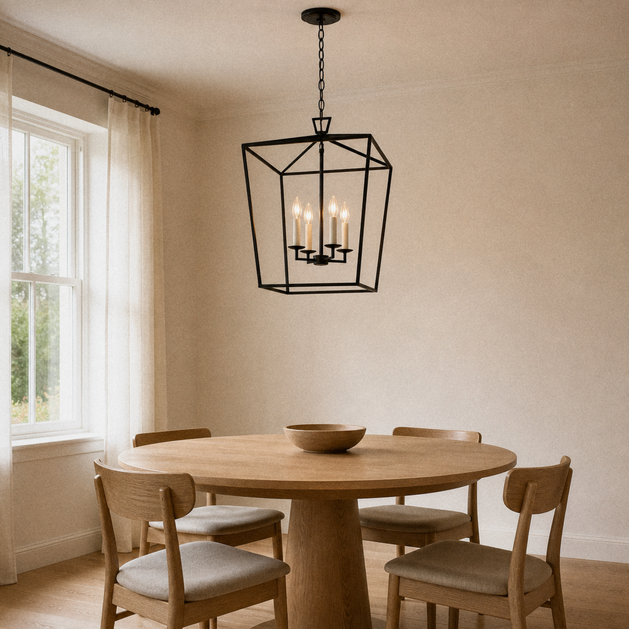 In a room | matte black open-cage lantern chandelier hanging over a round oak dining table