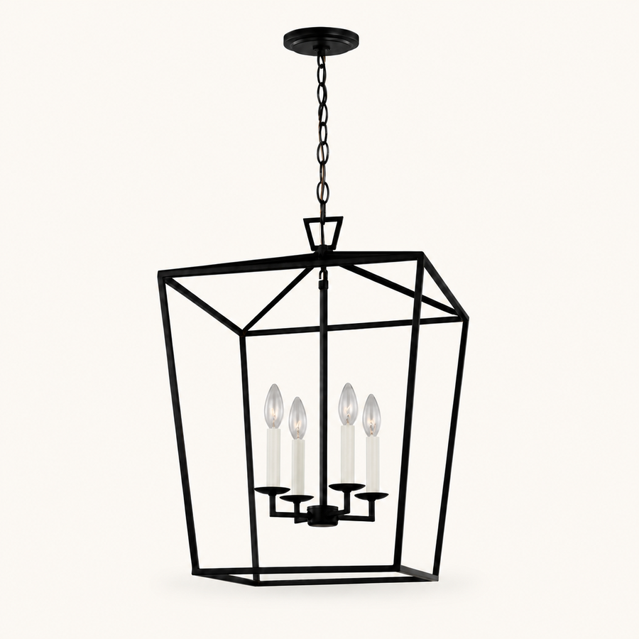 Front | studio front of the matte black lantern cage with four candle-style lights