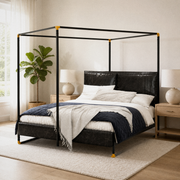 Airy corner | Angled bedroom view with a tall plant, oak nightstand, and open canopy frame