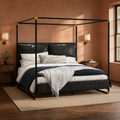 Clay corner | Angled clay bedroom view with brass lighting, dark flooring, and the full canopy