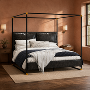 Clay corner | Angled clay bedroom view with brass lighting, dark flooring, and the full canopy