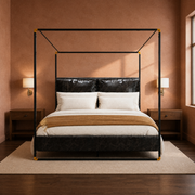 Clay room | Front bedroom view with clay walls, brass sconces, and dark wood nightstands