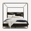 Detail | Close studio view of the upholstered headboard, center seam, and faux leather surface