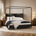 Angle | Three-quarter bedroom view showing the canopy depth, open sides, and upholstered headboard