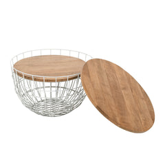 Nesting Coffee Tables, Set of 2, Light Brown Solid Wood Top with White Metal Base