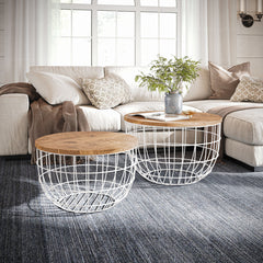 Nesting Coffee Tables, Set of 2, Light Brown Solid Wood Top with White Metal Base