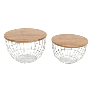 Nesting Coffee Tables, Set of 2, Light Brown Solid Wood Top with White Metal Base