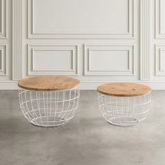 Nesting Coffee Tables, Set of 2, Light Brown Solid Wood Top with White Metal Base