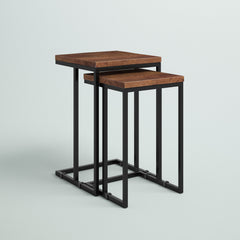 Nesting Tables, Mango Wood in Mahogany Brown with Black Iron Bases