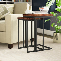 Nesting Tables, Mango Wood in Mahogany Brown with Black Iron Bases