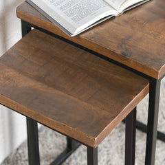 Nesting Tables, Mango Wood in Mahogany Brown with Black Iron Bases