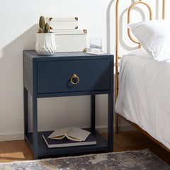 Nightstand, 1 Drawer, Acacia Wood, Gold Pull, Open Lower Shelf