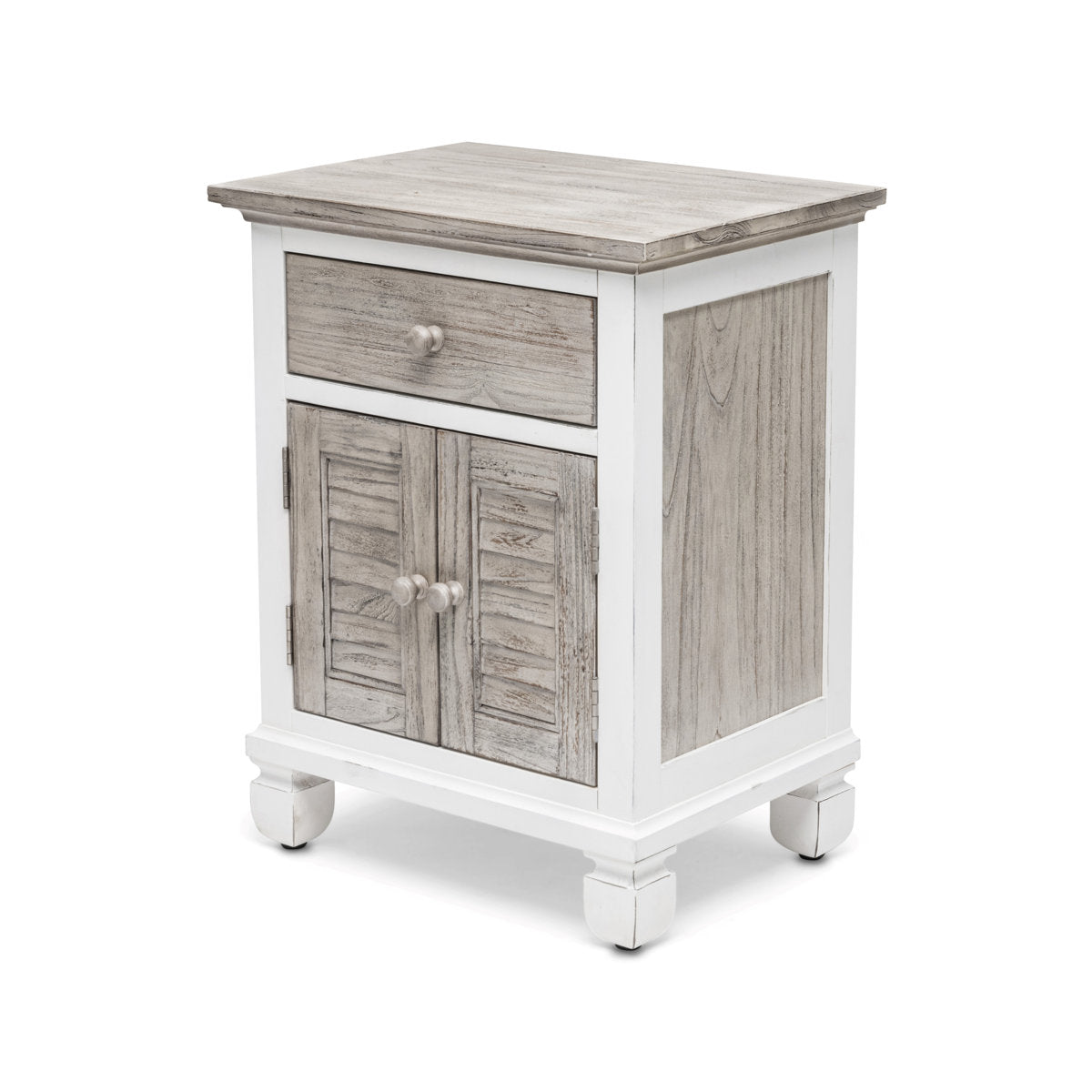 Nightstand, 1 Drawer and 2 Doors, Solid Mindi Wood, Gray and White