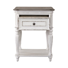 Nightstand, 1 Drawer and Lower Shelf in Antique White and Brown Wood