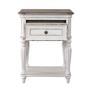 Nightstand, 1 Drawer and Lower Shelf in Antique White and Brown Wood