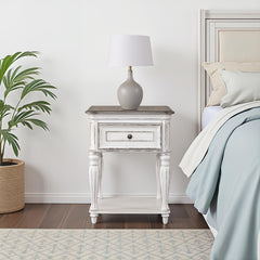 Nightstand, 1 Drawer and Lower Shelf in Antique White and Brown Wood
