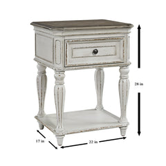 Nightstand, 1 Drawer and Lower Shelf in Antique White and Brown Wood