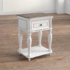 Nightstand, 1 Drawer and Lower Shelf in Antique White and Brown Wood