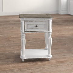 Nightstand, 1 Drawer and Lower Shelf in Antique White and Brown Wood